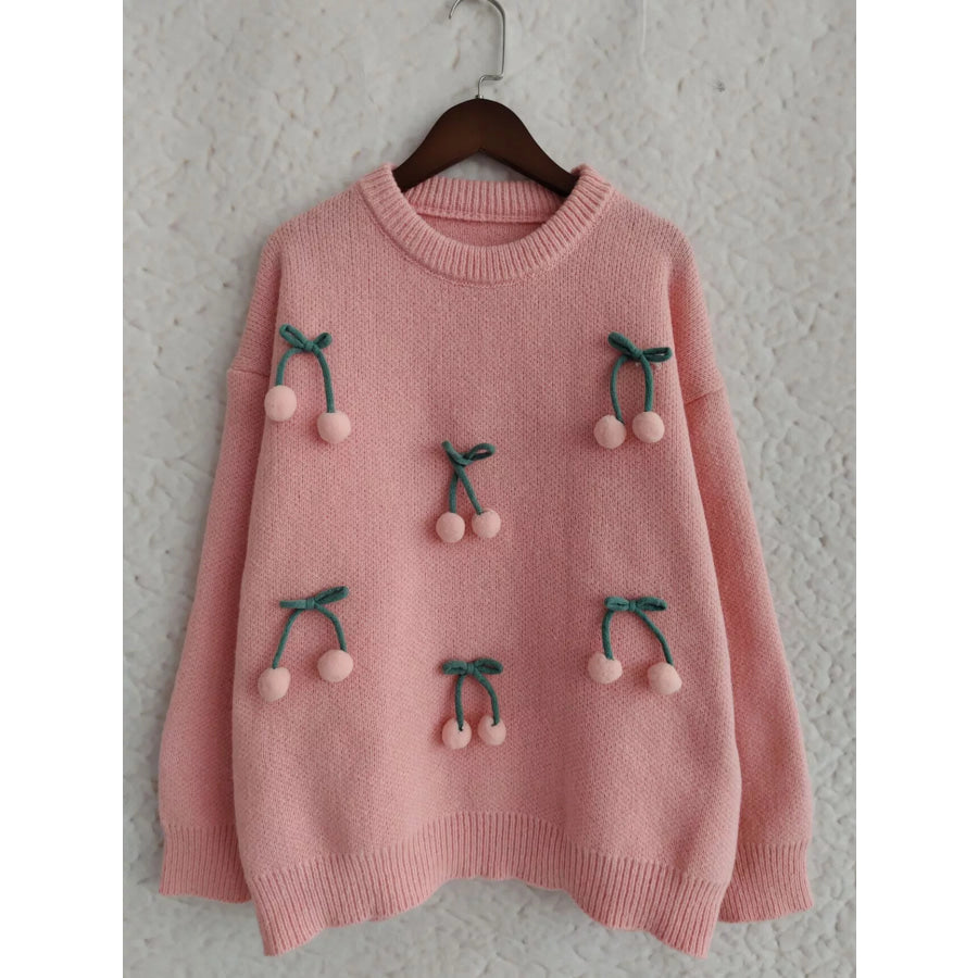 Cherry Pom-Pom Knit Round Neck Sweater Apparel and Accessories