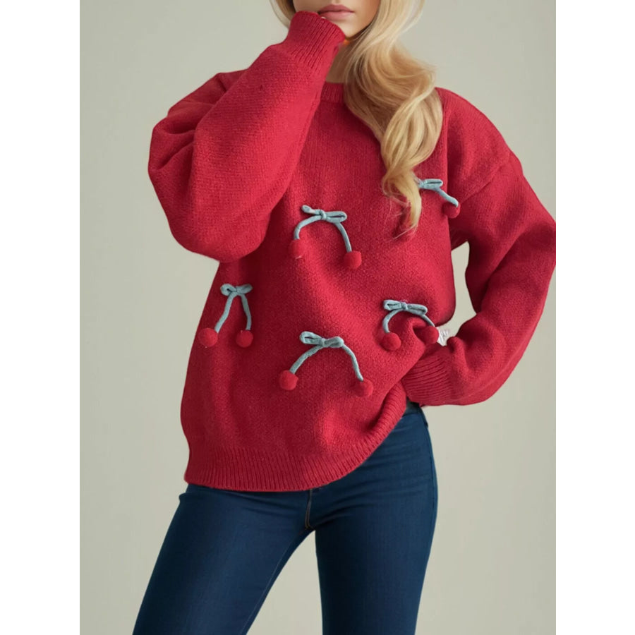 Cherry Pom-Pom Knit Round Neck Sweater Apparel and Accessories