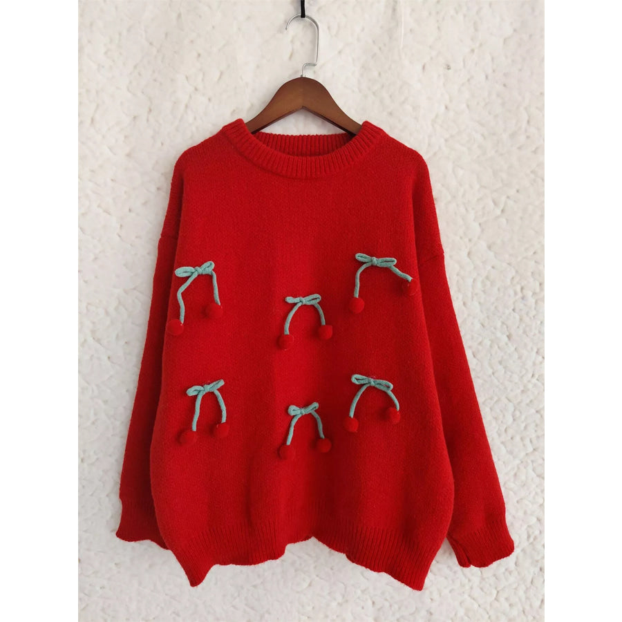 Cherry Pom-Pom Knit Round Neck Sweater Apparel and Accessories