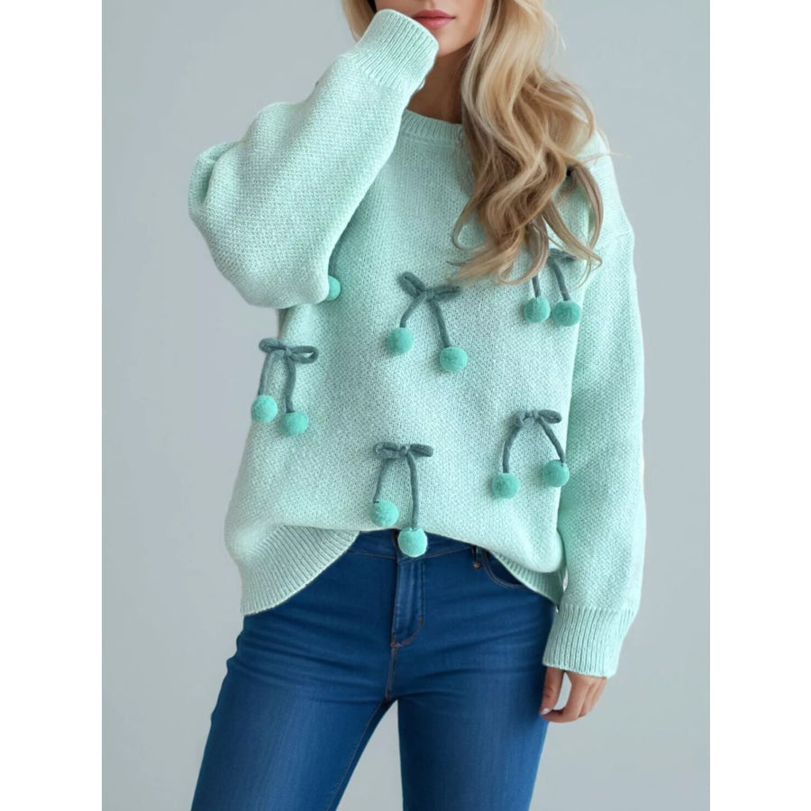 Cherry Pom-Pom Knit Round Neck Sweater Turquoise / One Size Apparel and Accessories
