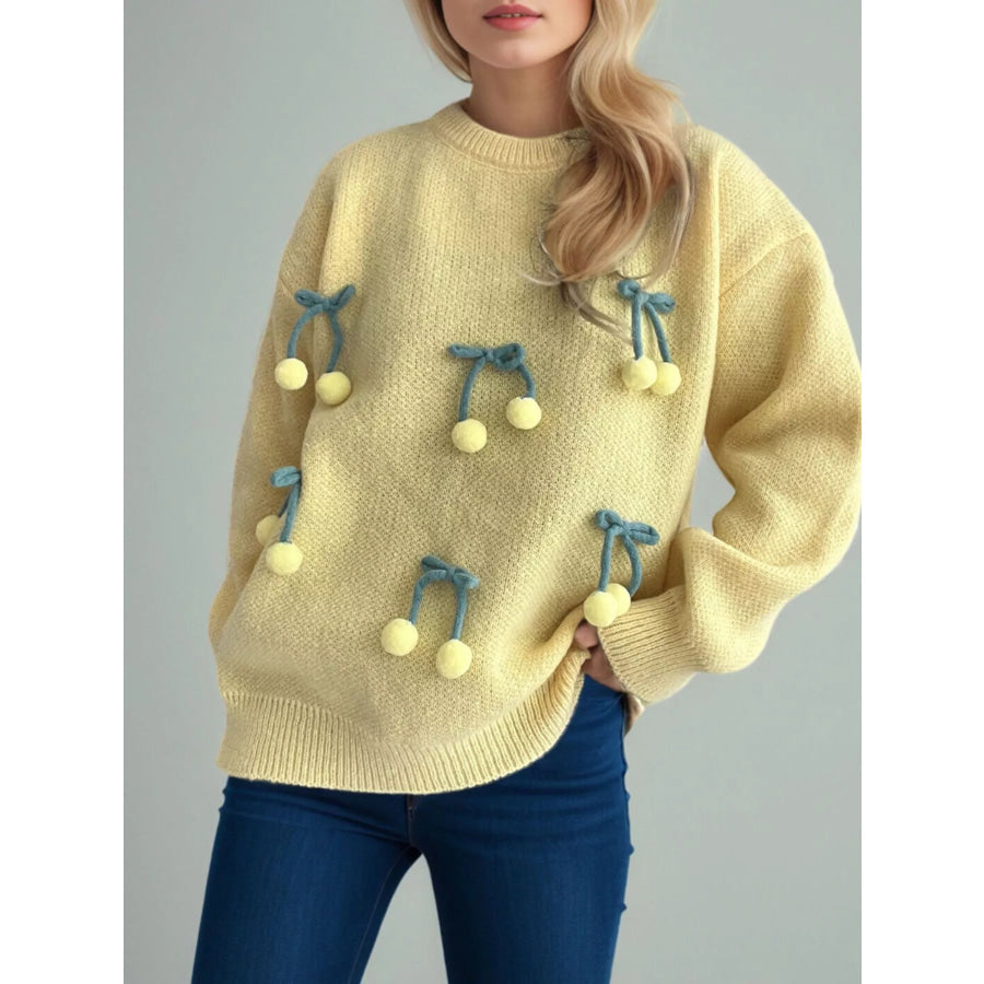 Cherry Pom-Pom Knit Round Neck Sweater Yellow / One Size Apparel and Accessories
