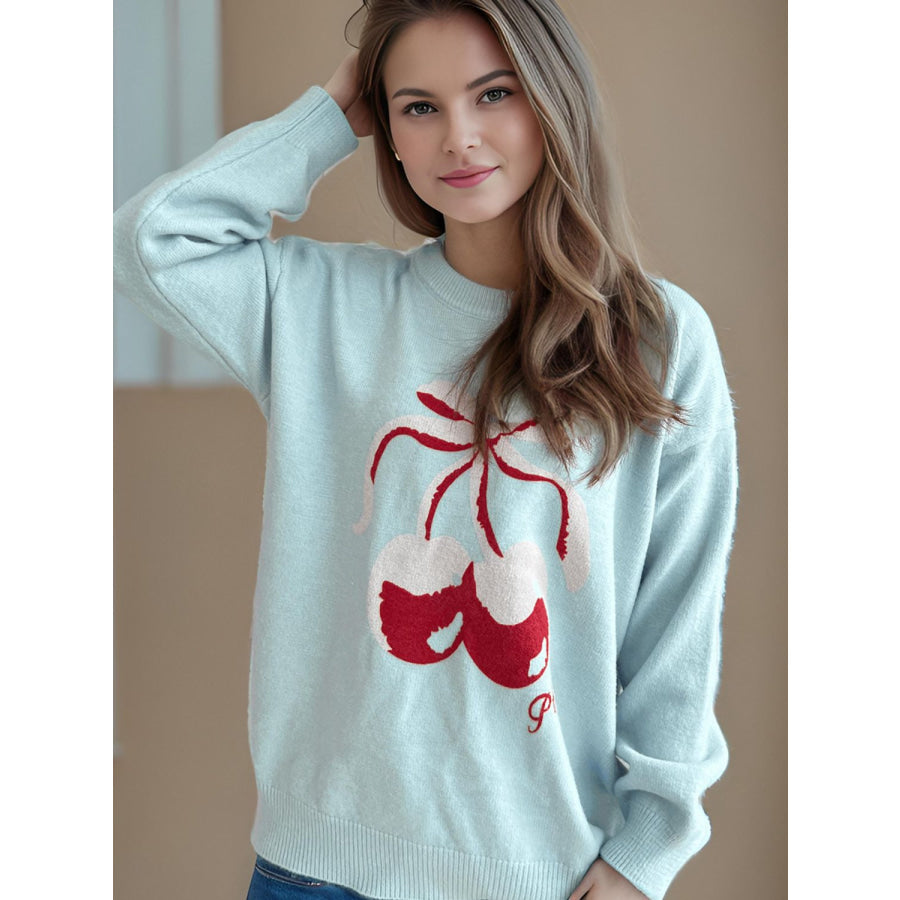 Cherry Round Neck Long Sleeve Sweater Apparel and Accessories