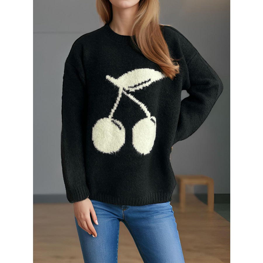 Cherry Round Neck Long Sleeve Sweater Apparel and Accessories