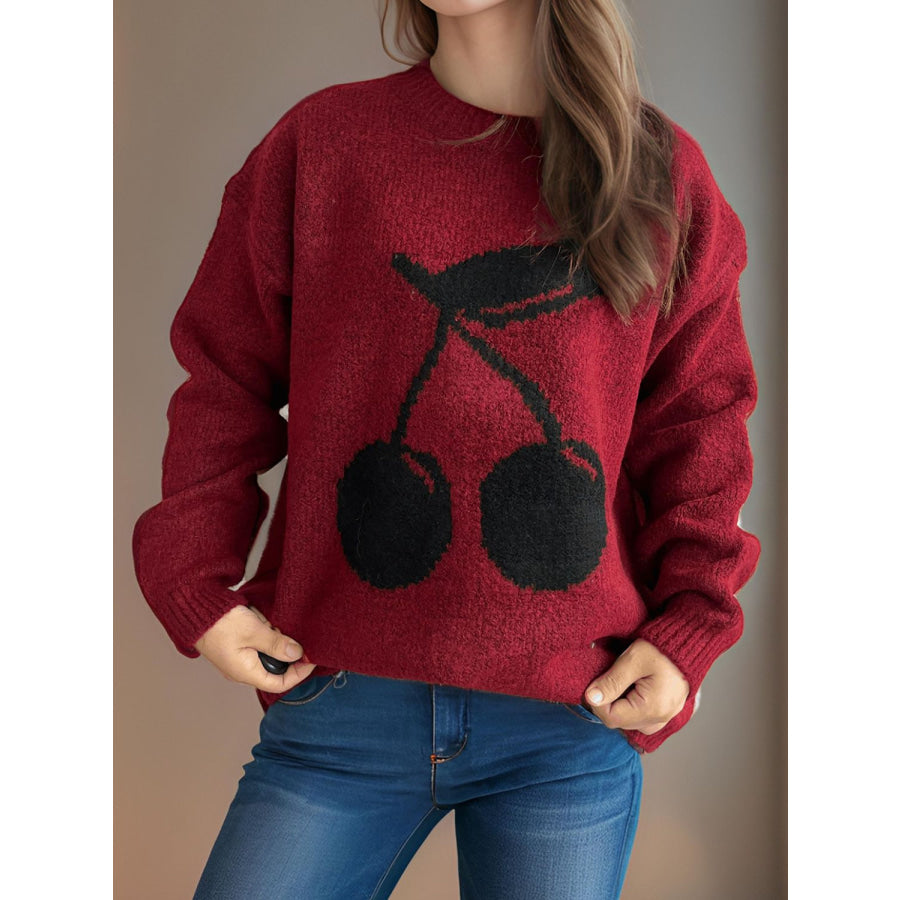 Cherry Round Neck Long Sleeve Sweater Apparel and Accessories