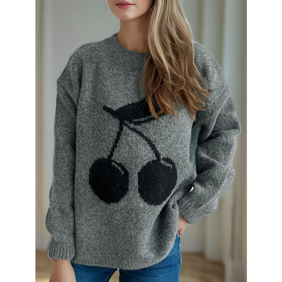 Cherry Round Neck Long Sleeve Sweater Apparel and Accessories