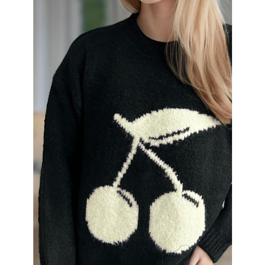 Cherry Round Neck Long Sleeve Sweater Apparel and Accessories