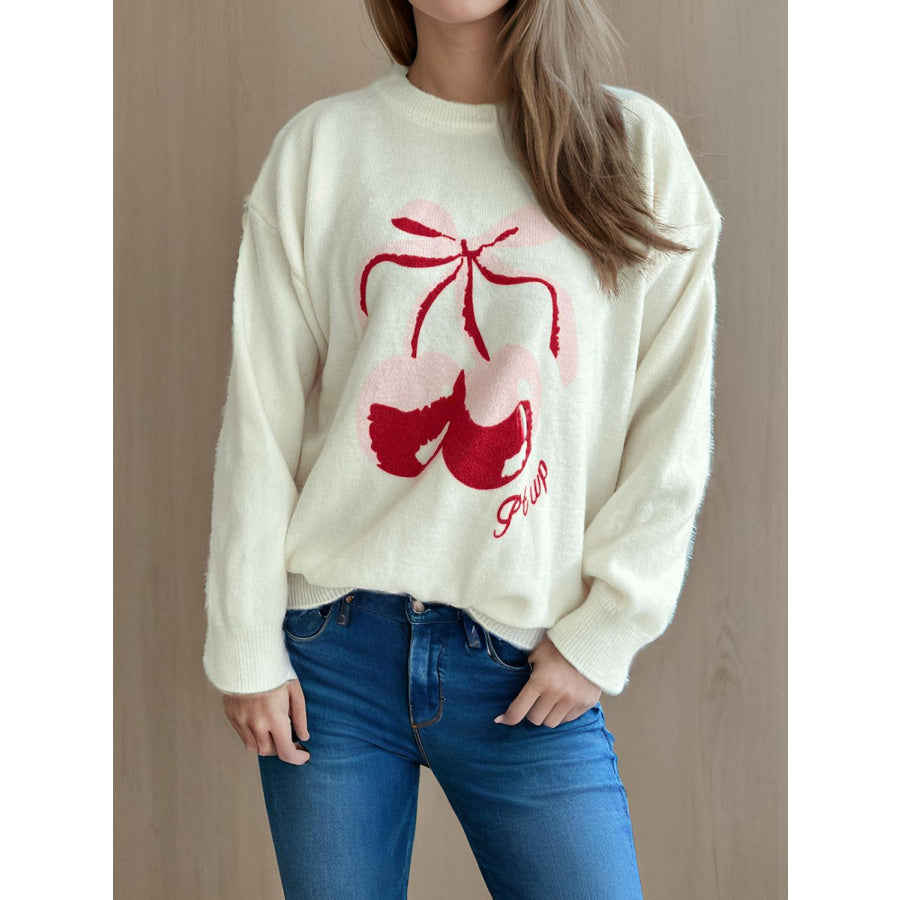 Cherry Round Neck Long Sleeve Sweater White / One Size Apparel and Accessories