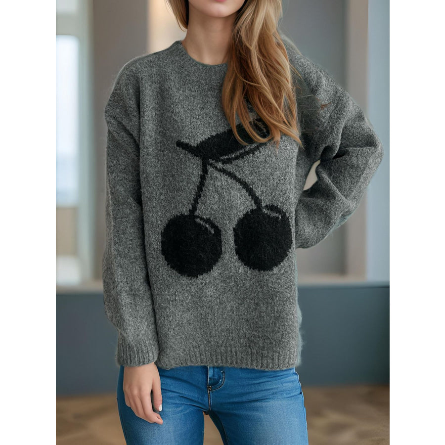 Cherry Round Neck Long Sleeve Sweater Apparel and Accessories