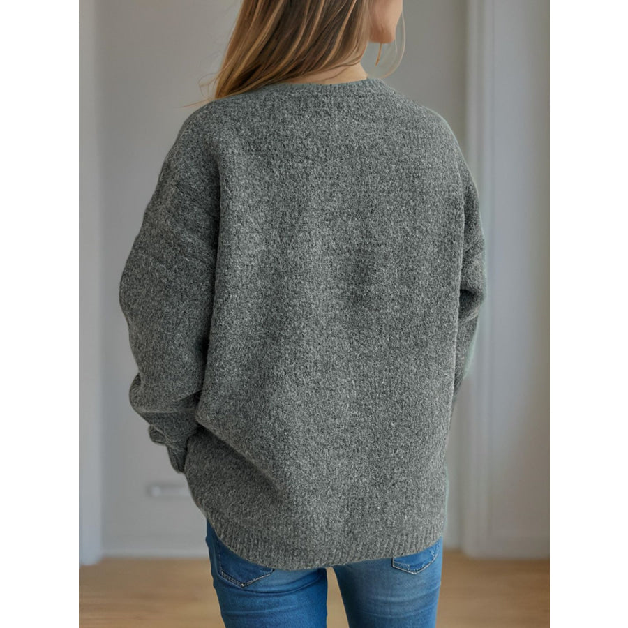 Cherry Round Neck Long Sleeve Sweater Dark Gray / One Size Apparel and Accessories