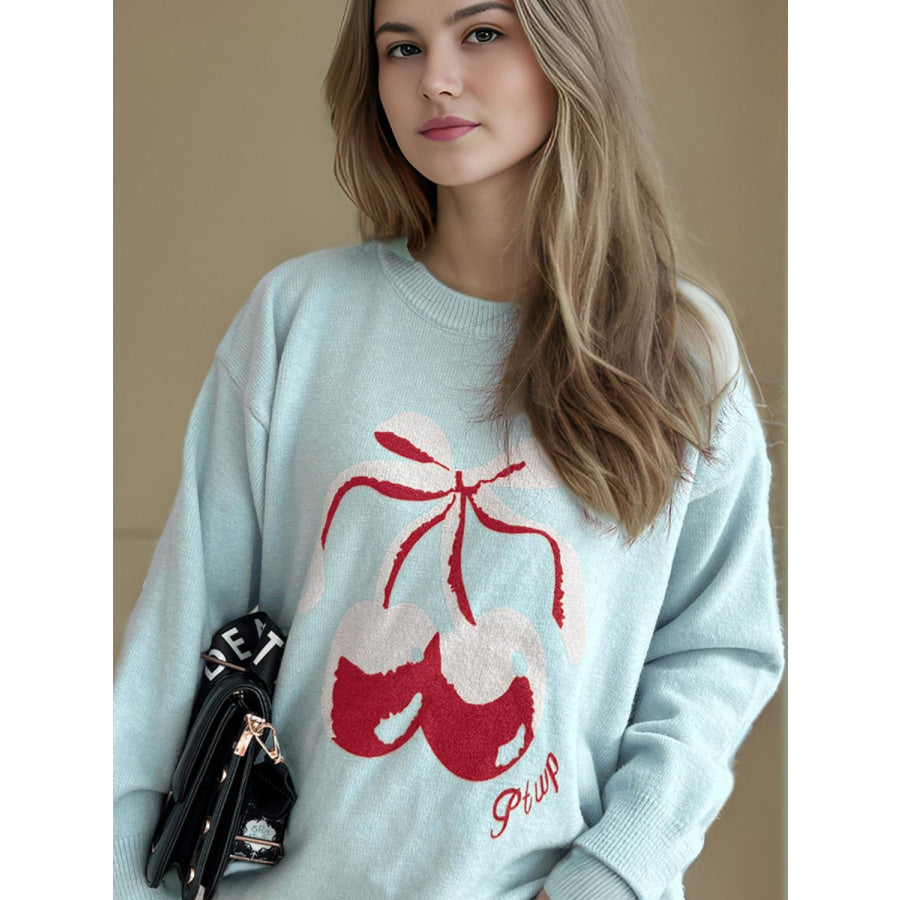 Cherry Round Neck Long Sleeve Sweater Apparel and Accessories