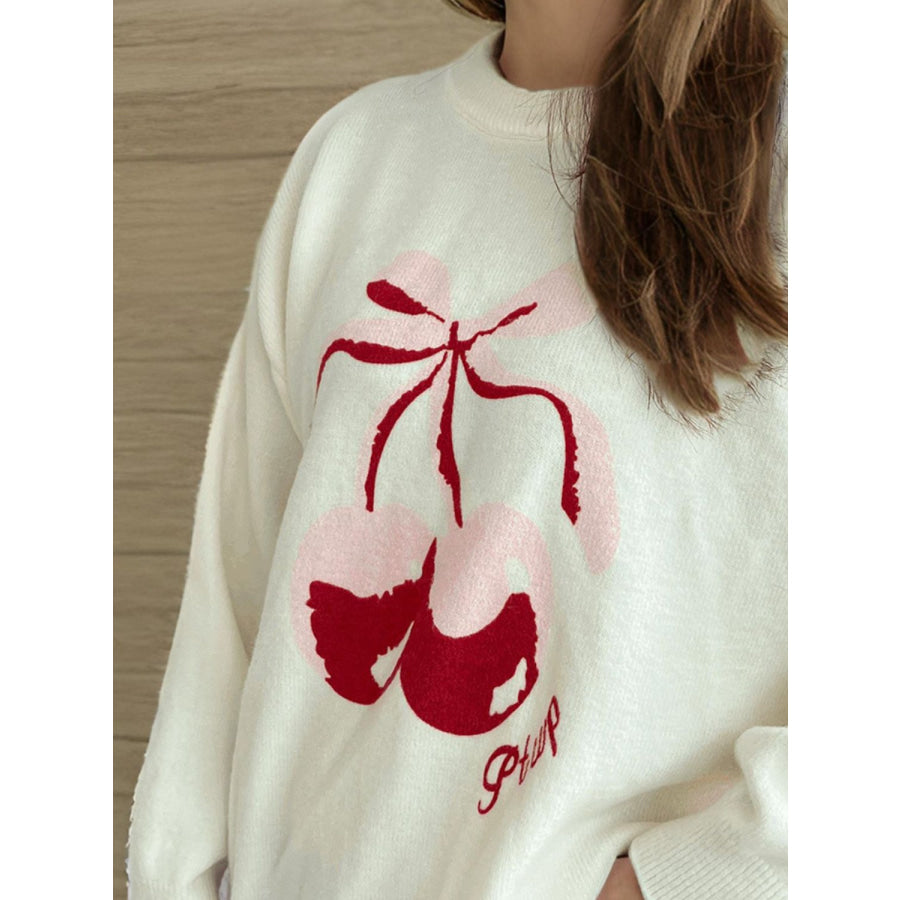 Cherry Round Neck Long Sleeve Sweater Apparel and Accessories