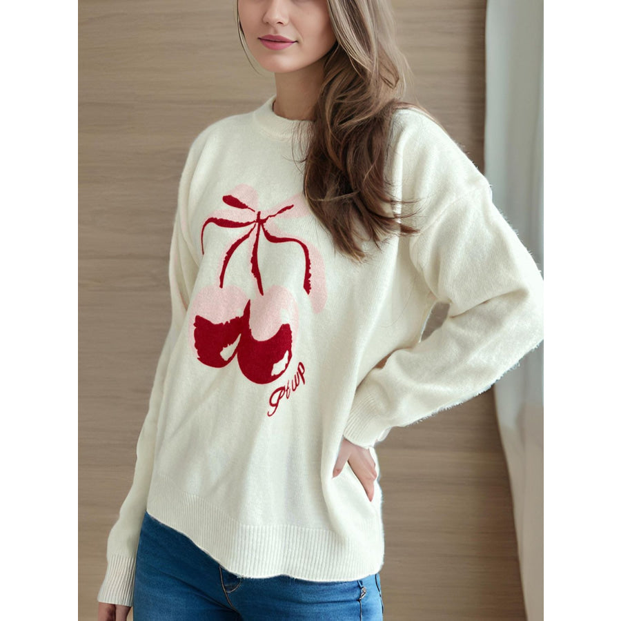 Cherry Round Neck Long Sleeve Sweater Apparel and Accessories