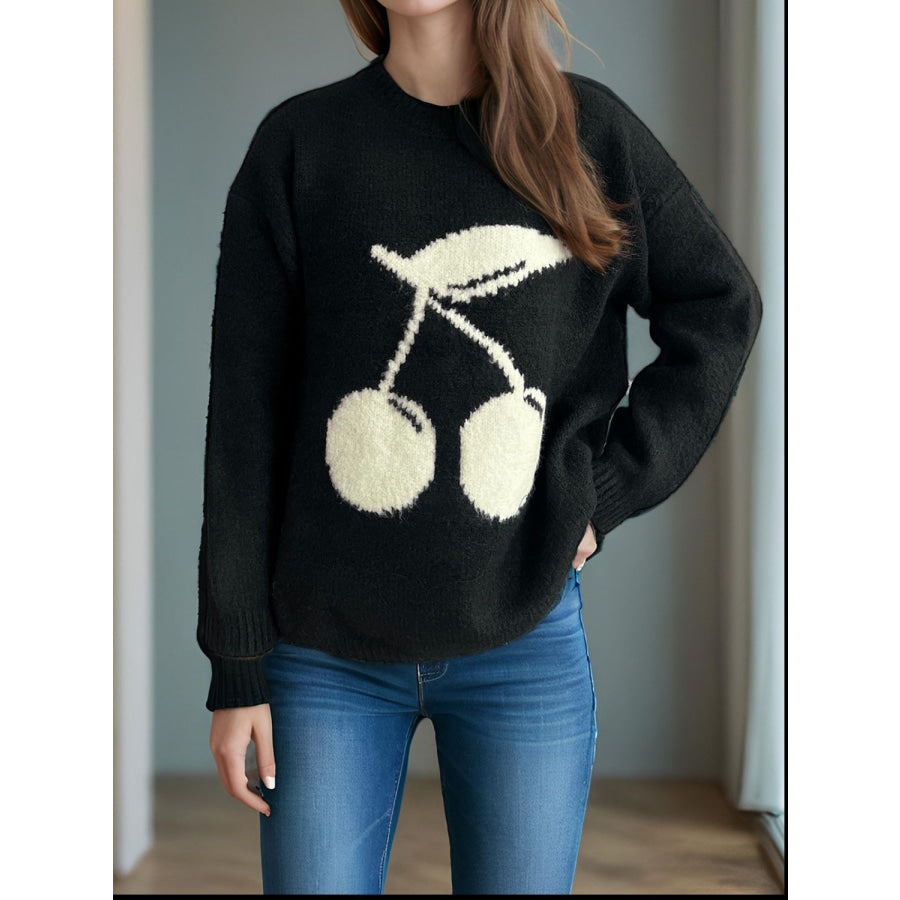 Cherry Round Neck Long Sleeve Sweater Black / One Size Apparel and Accessories