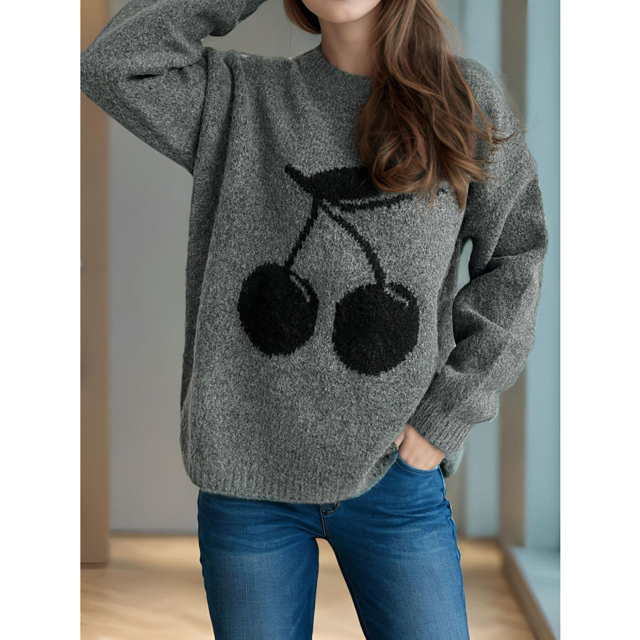 Cherry Round Neck Long Sleeve Sweater Dark Gray / One Size Apparel and Accessories