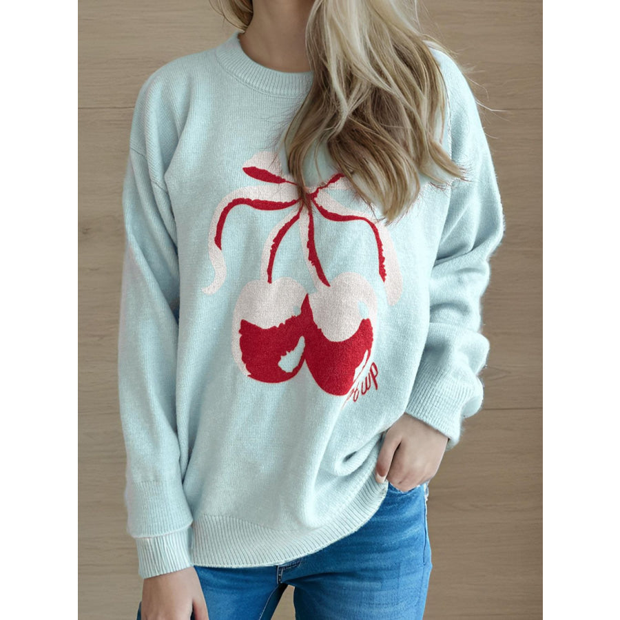 Cherry Round Neck Long Sleeve Sweater Light Blue / One Size Apparel and Accessories