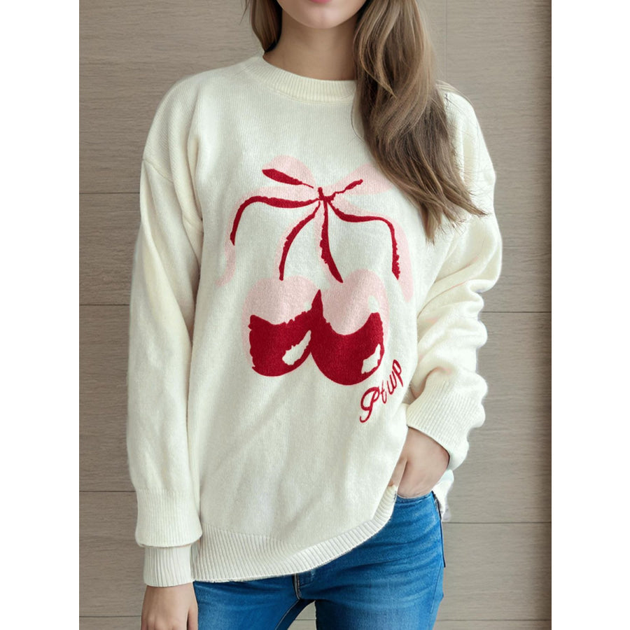 Cherry Round Neck Long Sleeve Sweater White / One Size Apparel and Accessories