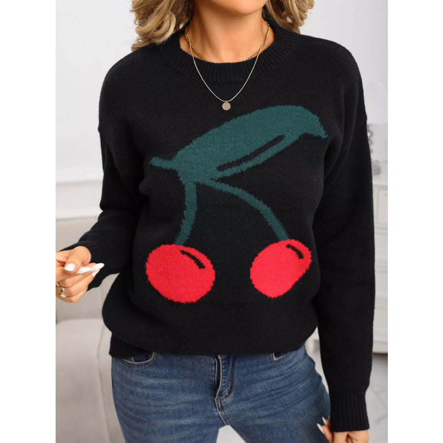 Cherry Round Neck Sweater Black / S Apparel and Accessories