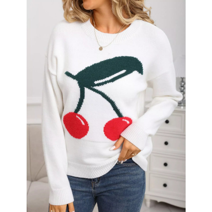 Cherry Round Neck Sweater Gray/white / S Apparel and Accessories