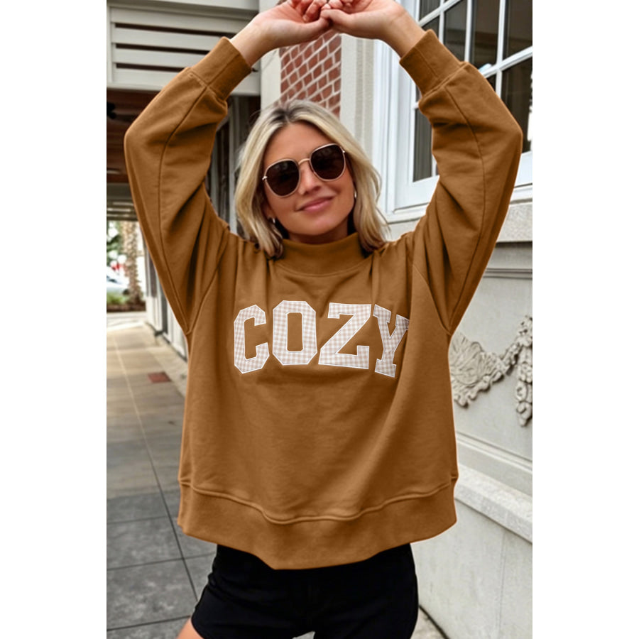 Chestnu COZY Embroidered Long Sleeve Stand Neck Shift Pullover Sweatshirt Tops/Sweatshirts & Hoodies
