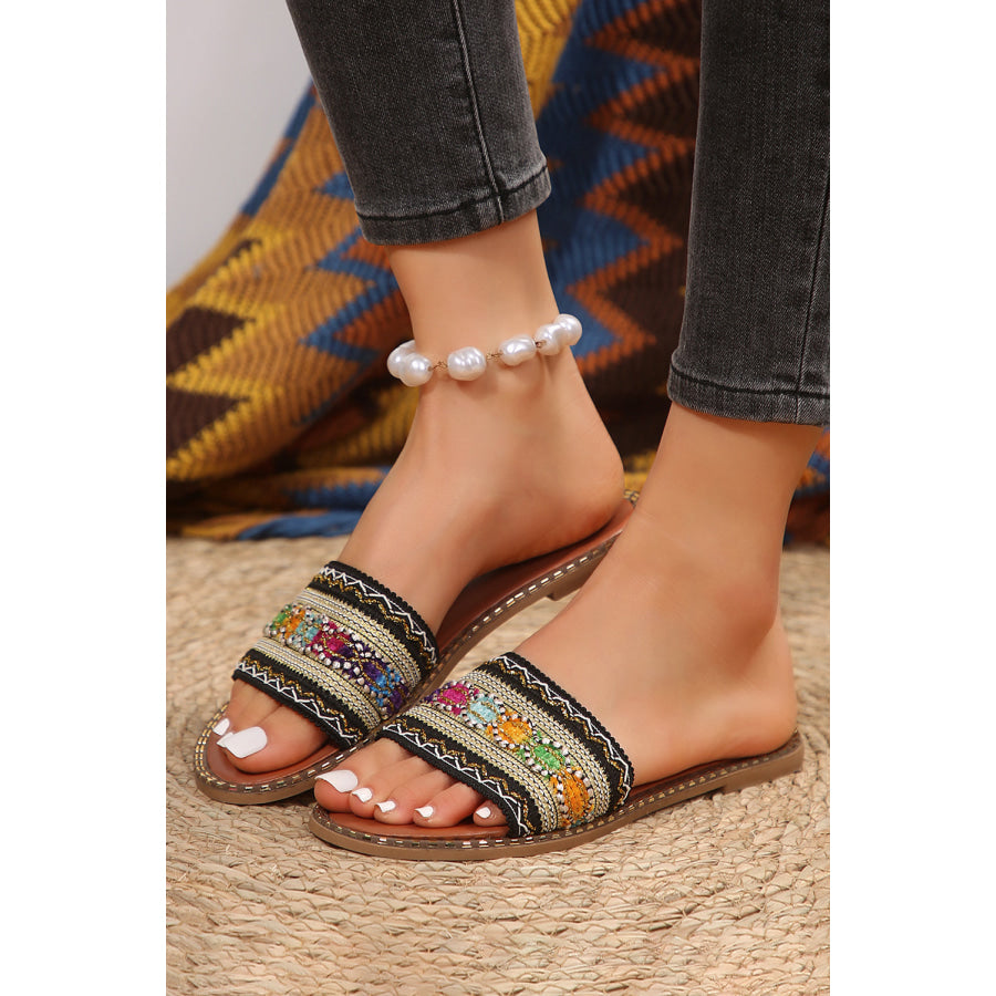 Chestnut Bohemian Pattern Crochet Faux Leather Beach Slippers Shoes &amp; Bags/Slippers