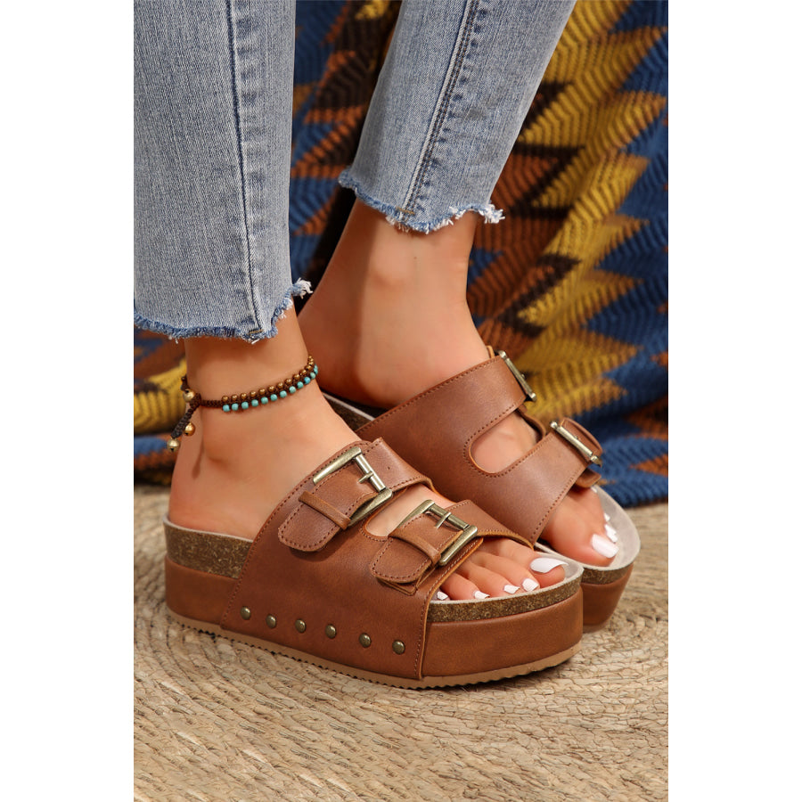 Chestnut Dual Buckle Studded Platform Sandal Slippers Shoes & Bags/Slippers