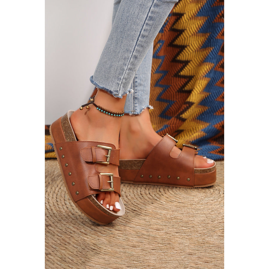 Chestnut Dual Buckle Studded Platform Sandal Slippers Shoes & Bags/Slippers