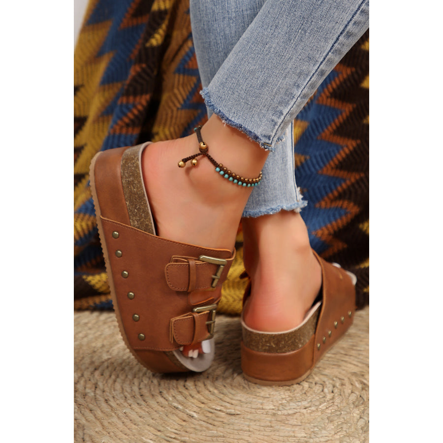 Chestnut Dual Buckle Studded Platform Sandal Slippers Shoes & Bags/Slippers