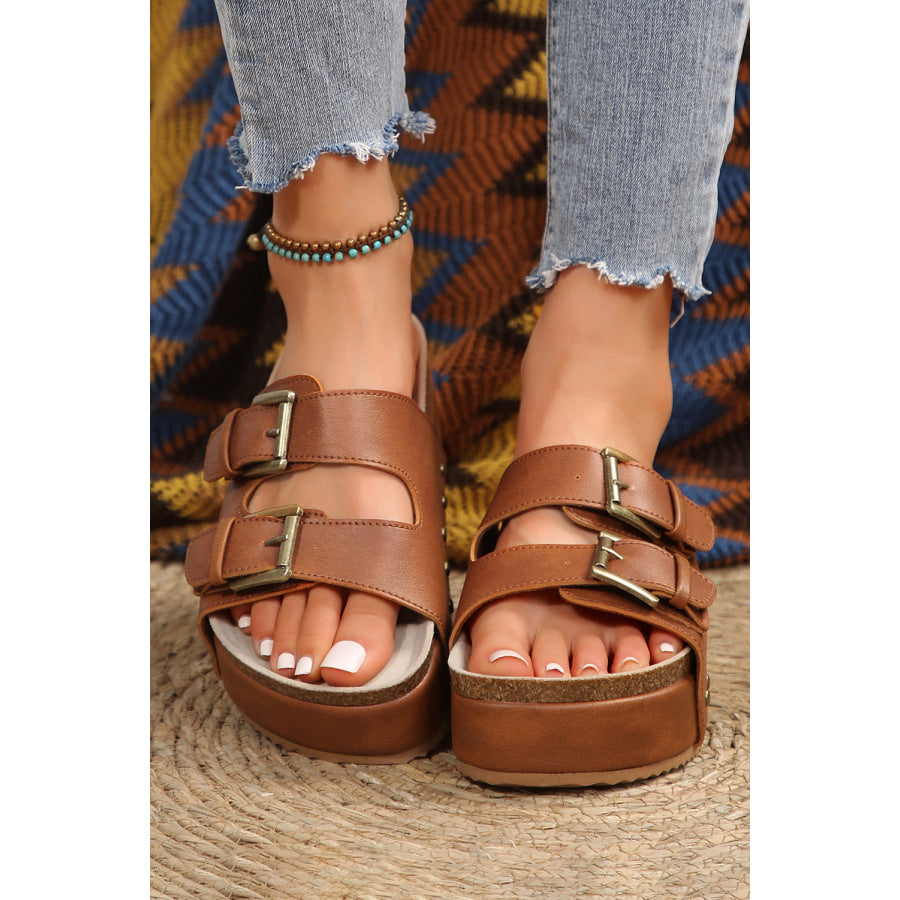 Chestnut Dual Buckle Studded Platform Sandal Slippers Shoes & Bags/Slippers