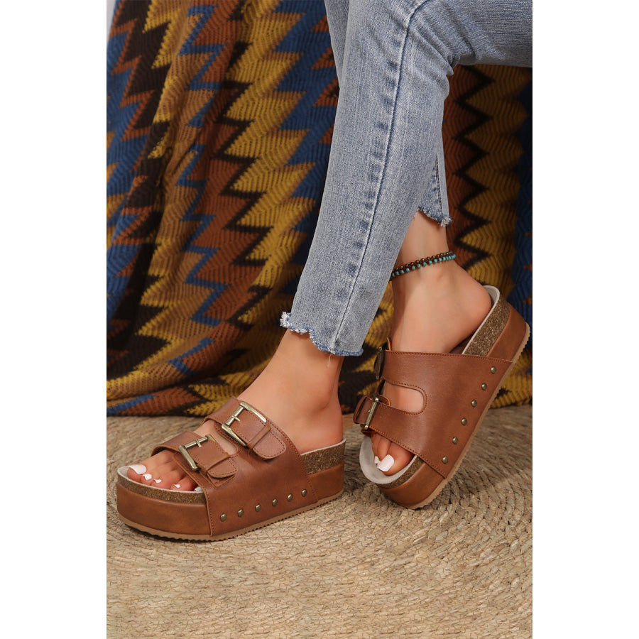 Chestnut Dual Buckle Studded Platform Sandal Slippers Shoes & Bags/Slippers