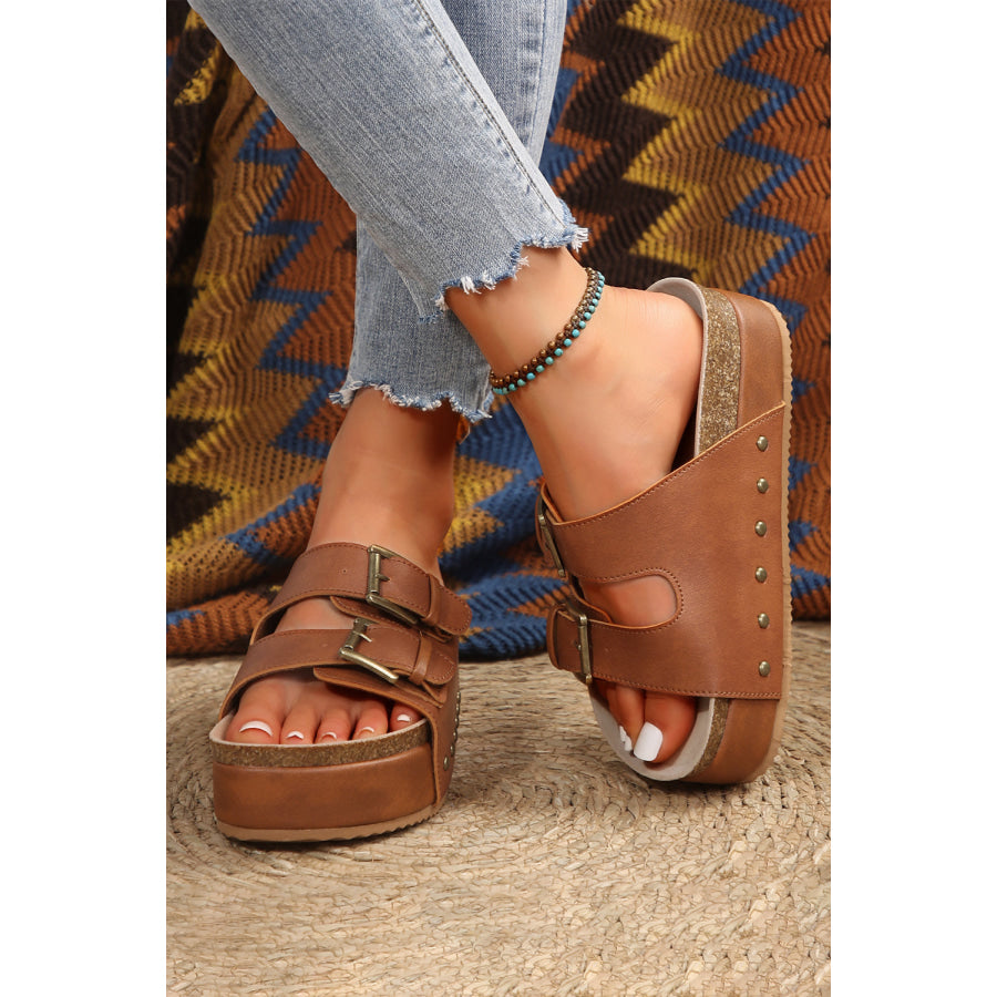 Chestnut Dual Buckle Studded Platform Sandal Slippers Shoes & Bags/Slippers