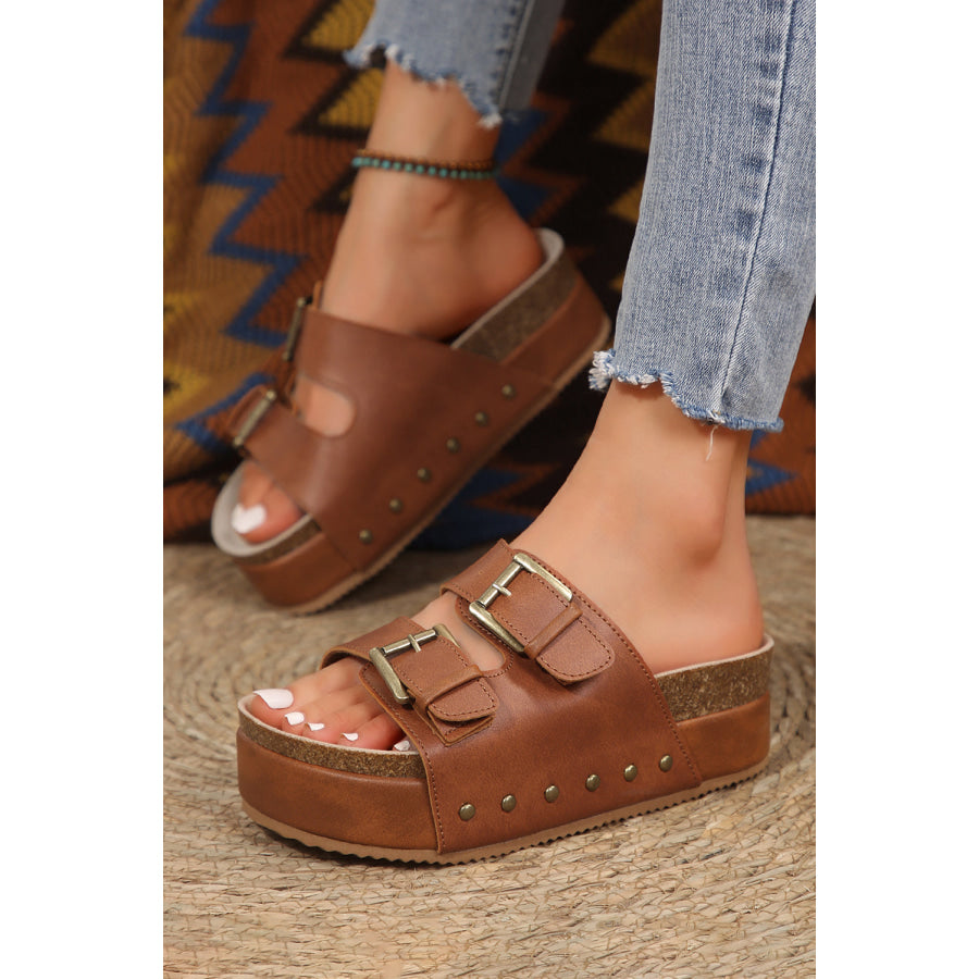 Chestnut Dual Buckle Studded Platform Sandal Slippers Shoes & Bags/Slippers