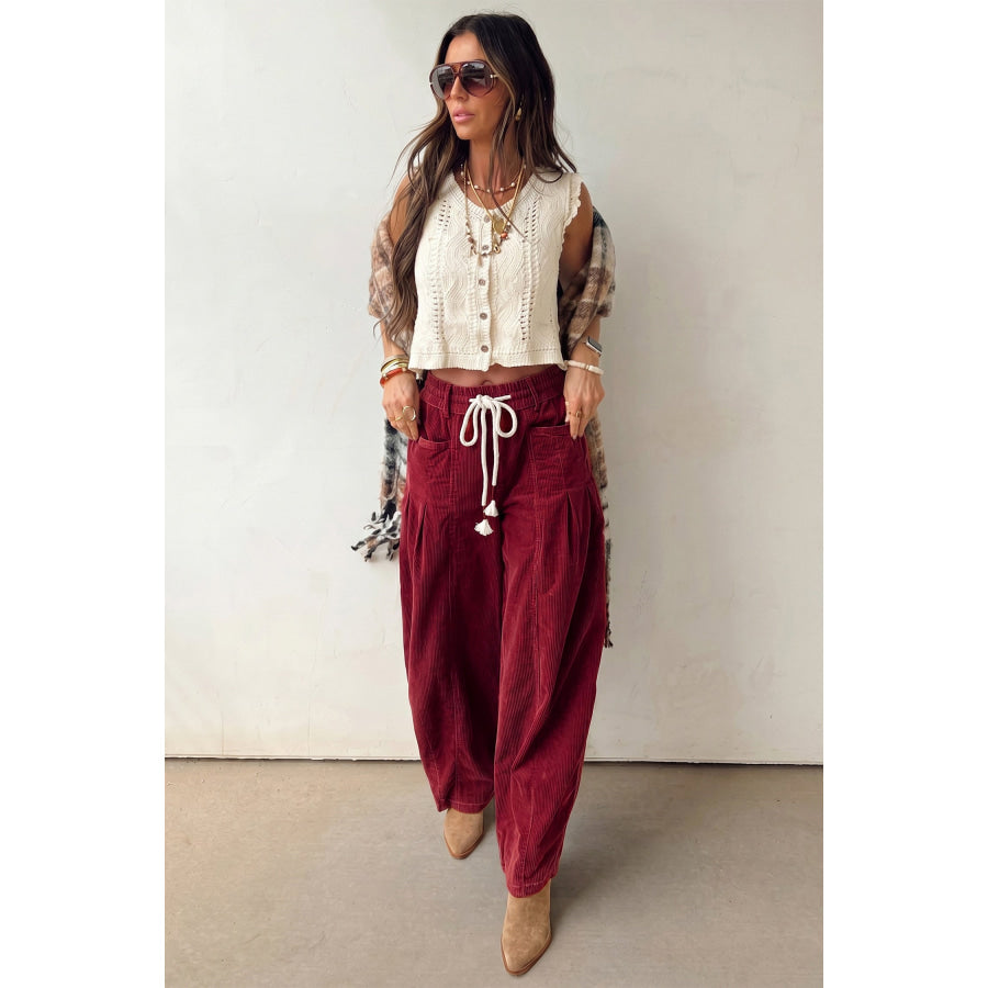 Chestnut Elastic Waist Drawstring Corduroy Casual Pants Bottoms/Pants & Culotte