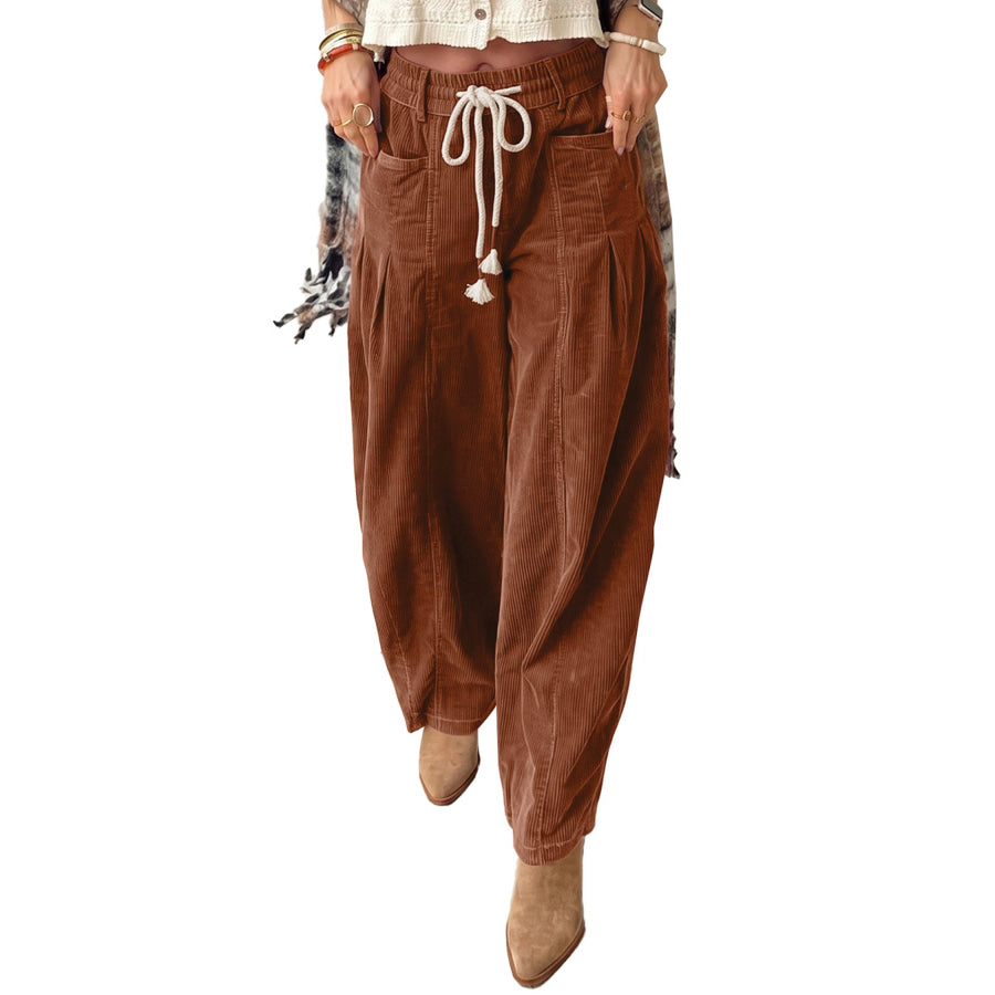 Chestnut Elastic Waist Drawstring Corduroy Casual Pants Bottoms/Pants & Culotte
