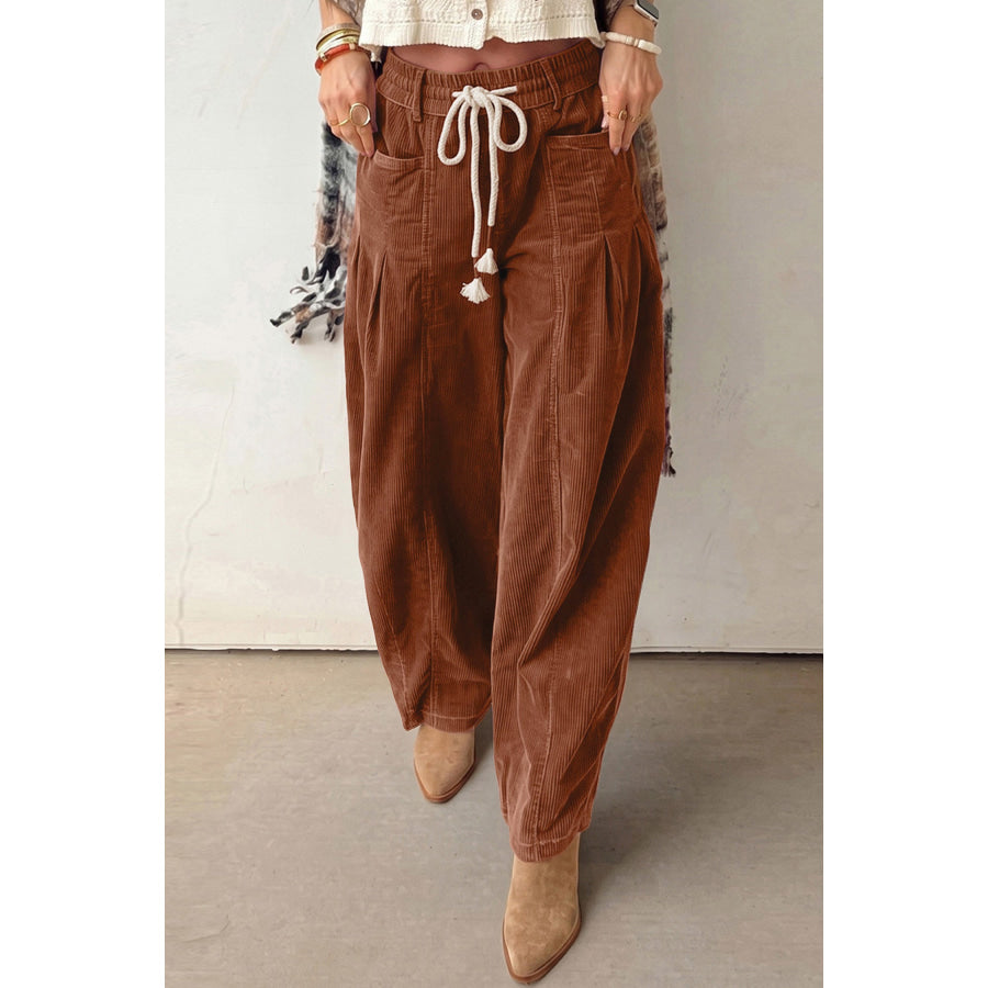 Chestnut Elastic Waist Drawstring Corduroy Casual Pants Bottoms/Pants & Culotte