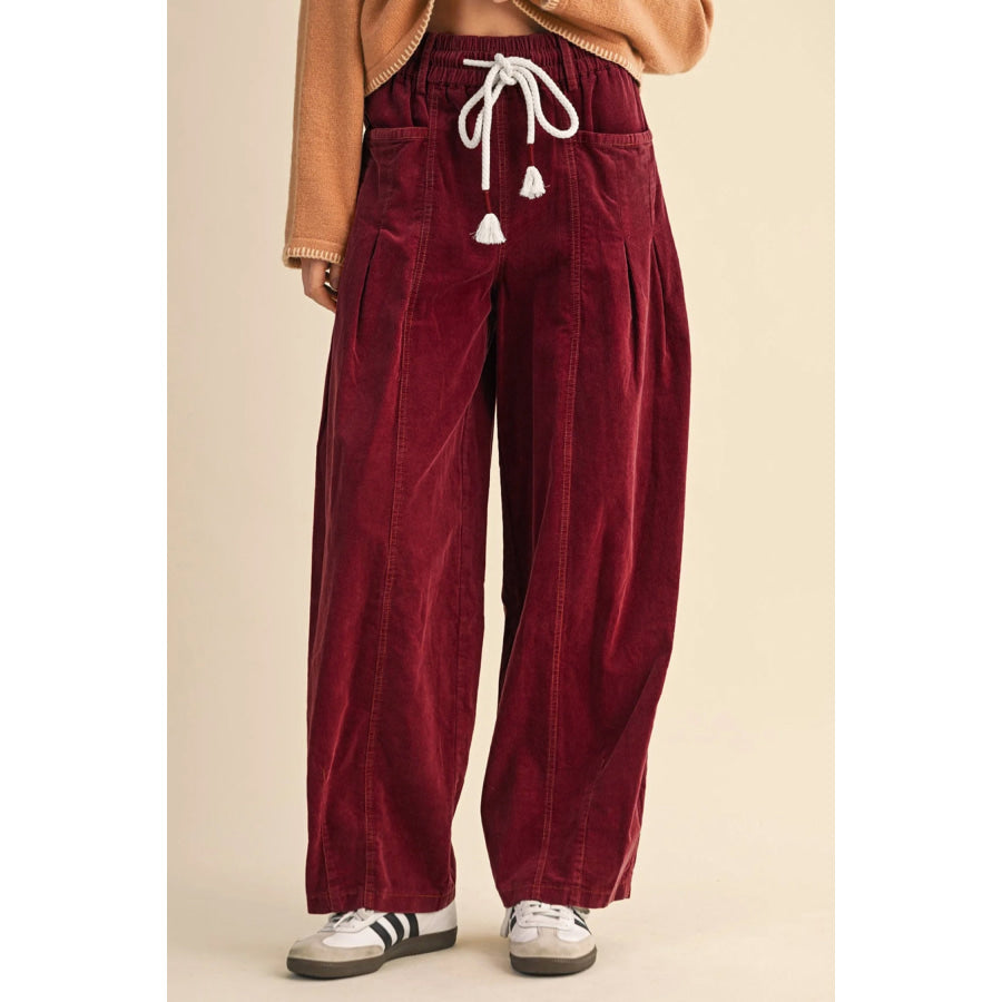 Chestnut Elastic Waist Drawstring Corduroy Casual Pants Racing Red / S / 100% Polyester Bottoms/Pants & Culotte