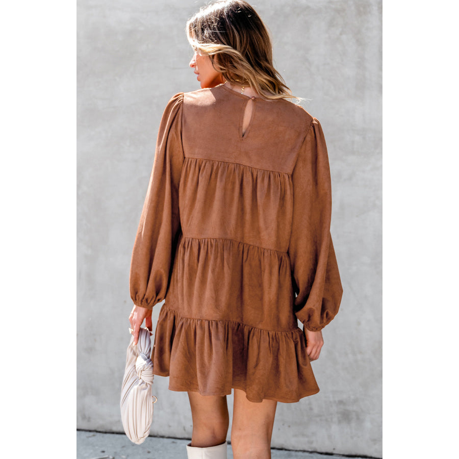 Chestnut Floral Lace Crochet Tiered Ruffled Mini Dress Dresses/Mini Dresses