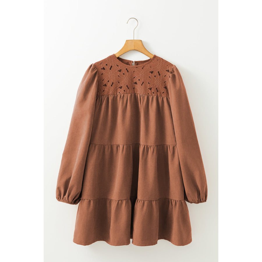 Chestnut Floral Lace Crochet Tiered Ruffled Mini Dress Dresses/Mini Dresses