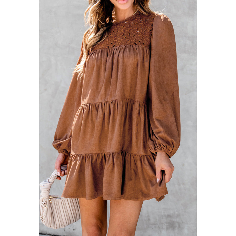 Chestnut Floral Lace Crochet Tiered Ruffled Mini Dress Chestnut / S / 90% Polyester + 10% Elastane Dresses/Mini Dresses