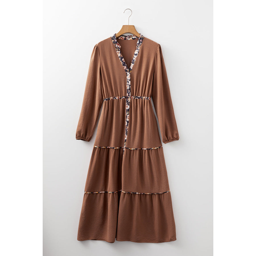 Chestnut Floral Patchwork Detail Notched Neck Long Sleeve Maxi Dress Dresses/Maxi Dresses