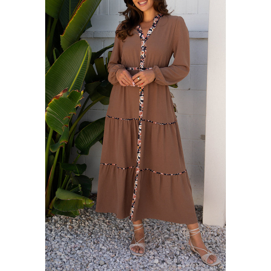 Chestnut Floral Patchwork Detail Notched Neck Long Sleeve Maxi Dress Dresses/Maxi Dresses