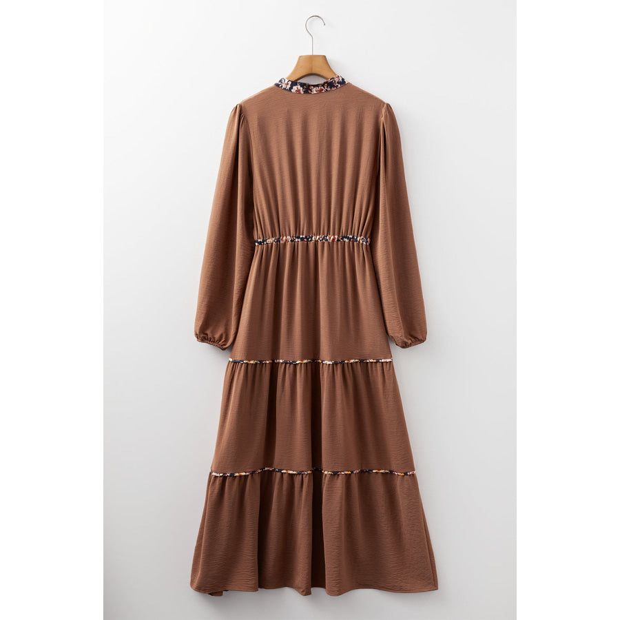 Chestnut Floral Patchwork Detail Notched Neck Long Sleeve Maxi Dress Dresses/Maxi Dresses