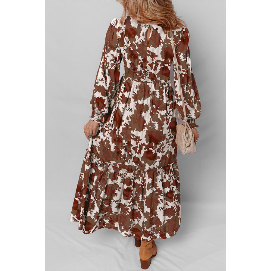 Chestnut Floral Puff Sleeve Smocked Bodice Ruffled Long Dress Dresses/Maxi Dresses