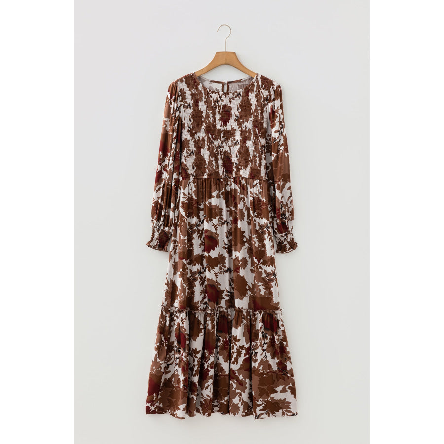 Chestnut Floral Puff Sleeve Smocked Bodice Ruffled Long Dress Dresses/Maxi Dresses