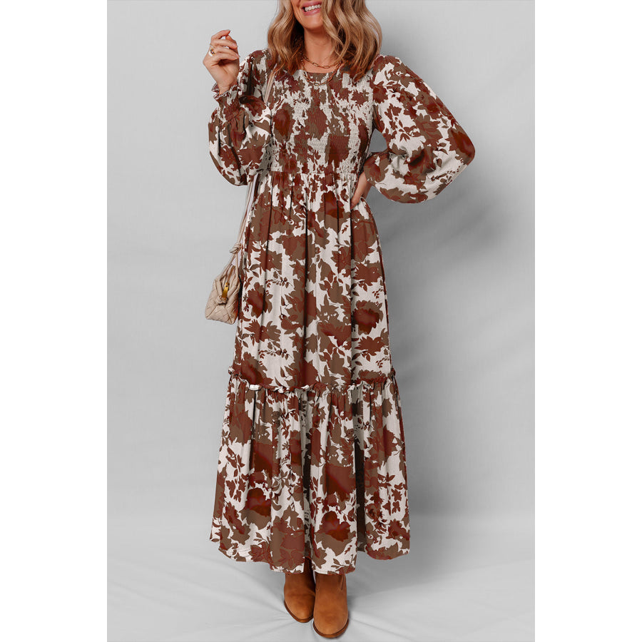 Chestnut Floral Puff Sleeve Smocked Bodice Ruffled Long Dress Chestnut / S / 100% Viscose Dresses/Maxi Dresses