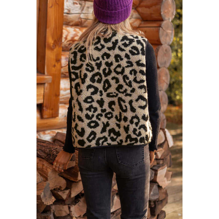 Chestnut Leopard Print Sherpa Vest Coat Outerwear/Vests