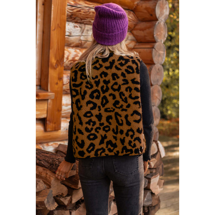 Chestnut Leopard Print Sherpa Vest Coat Outerwear/Vests