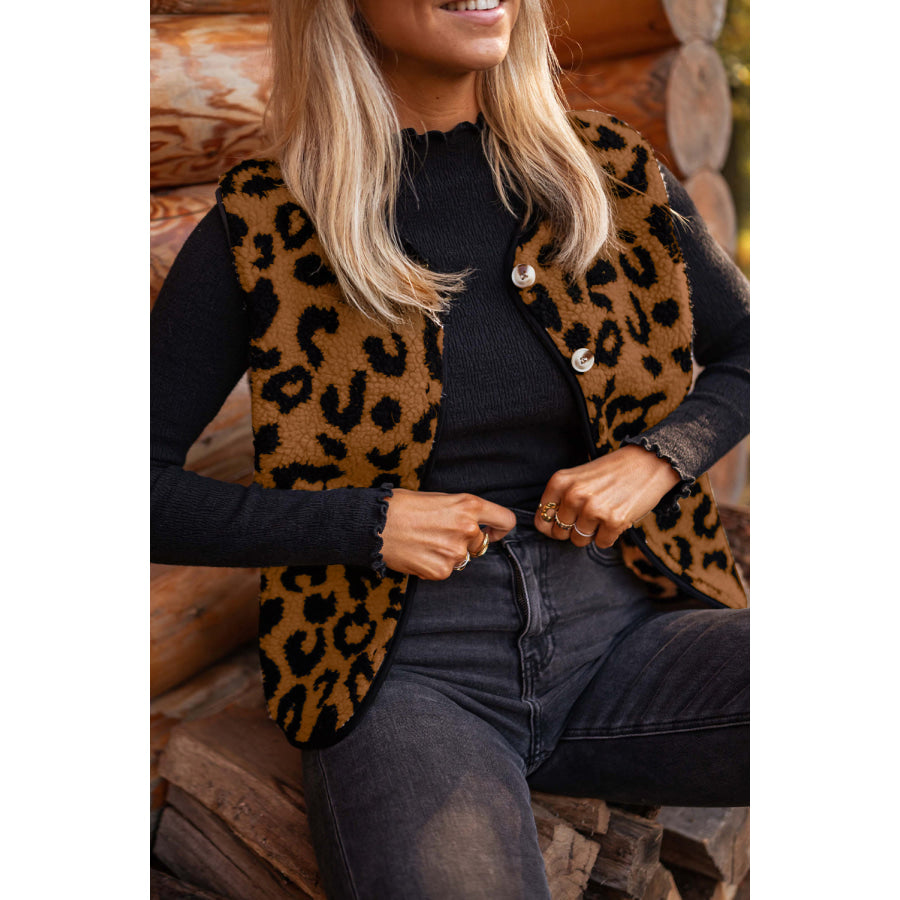 Chestnut Leopard Print Sherpa Vest Coat / S / 100% Polyester Outerwear/Vests