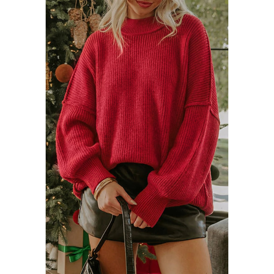 Chestnut Long Sleeve Ribbed Knit Stand Neck Regular Fit Sweater Sweaters & Cardigans/Sweaters