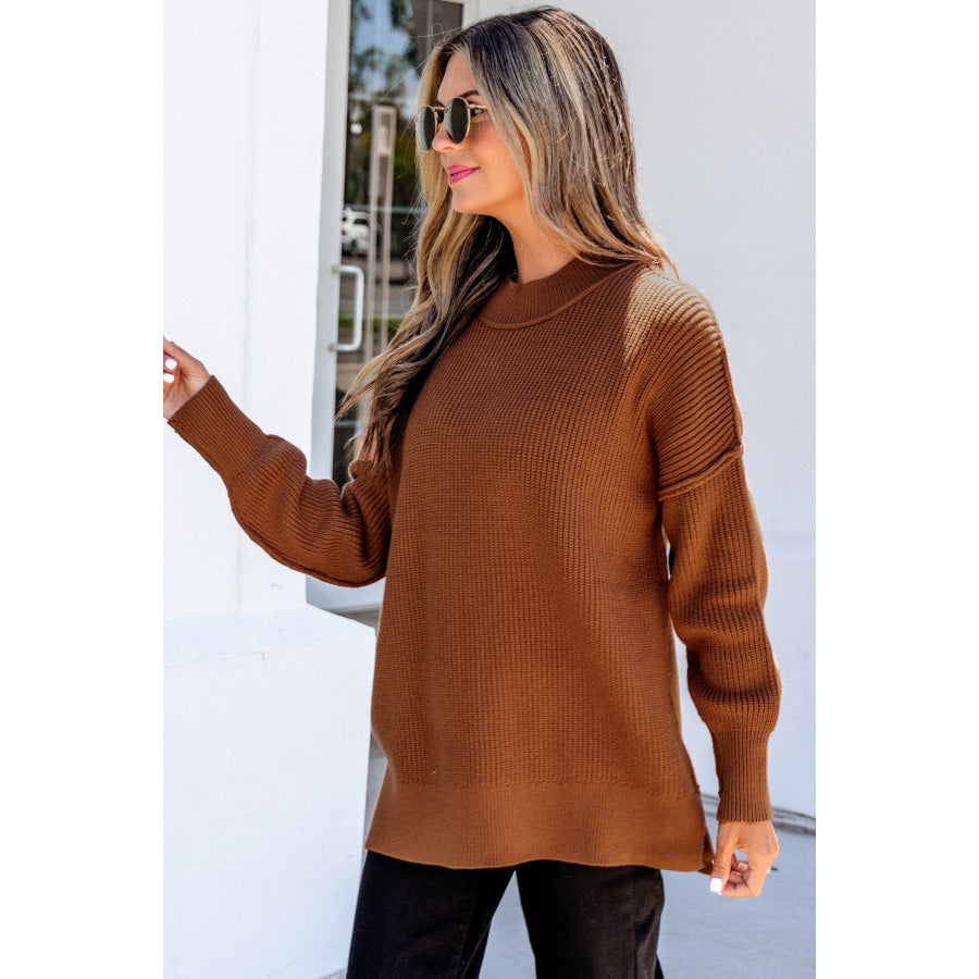 Chestnut Long Sleeve Ribbed Knit Stand Neck Regular Fit Sweater Sweaters & Cardigans/Sweaters