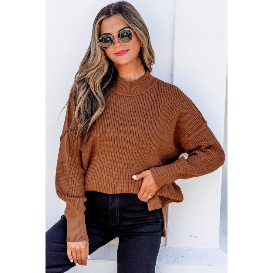 Chestnut Long Sleeve Ribbed Knit Stand Neck Regular Fit Sweater Sweaters & Cardigans/Sweaters
